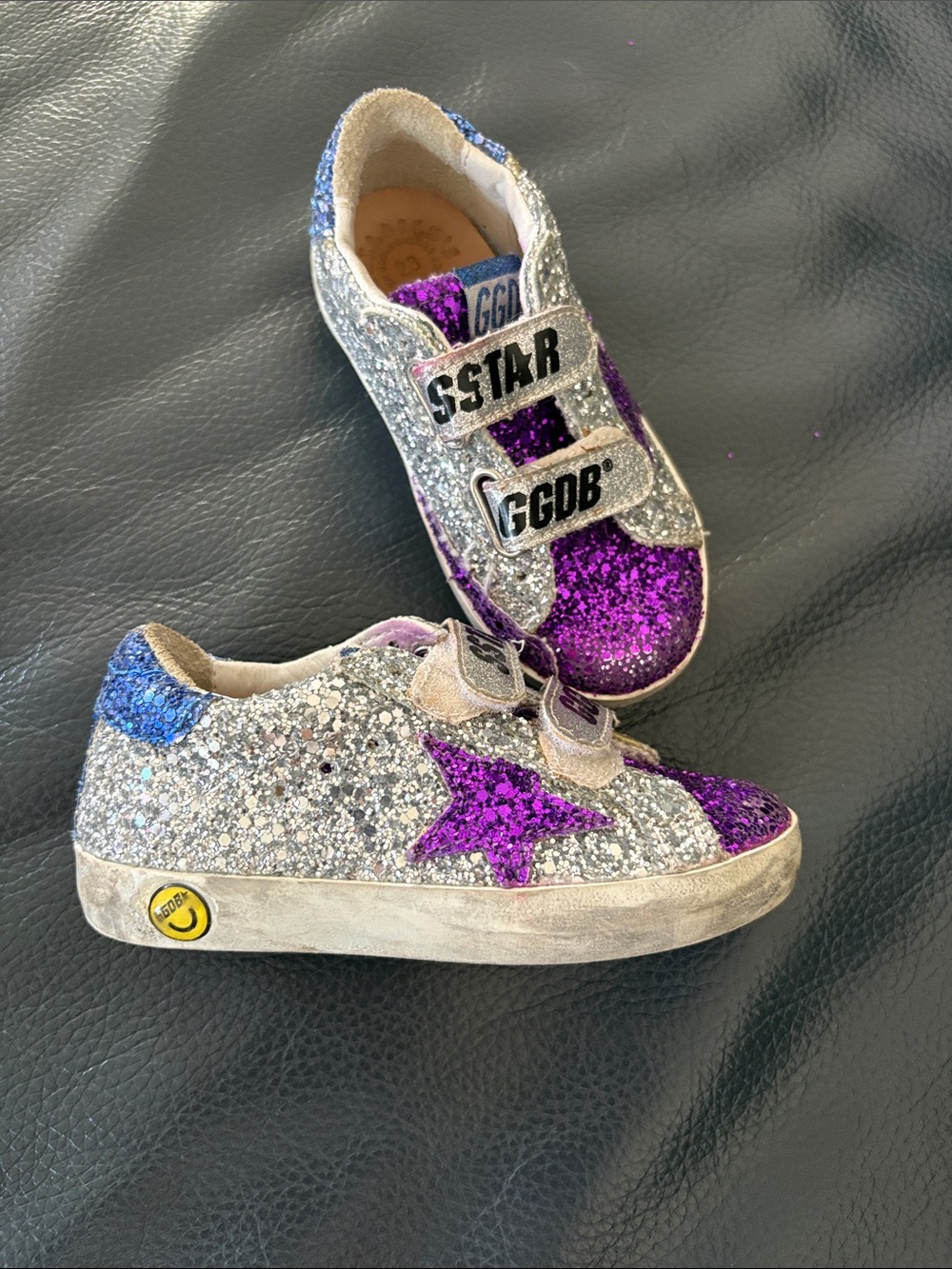 Golden Goose Kids Silver Glitter Sneakers with Purple Star & Blue Heel